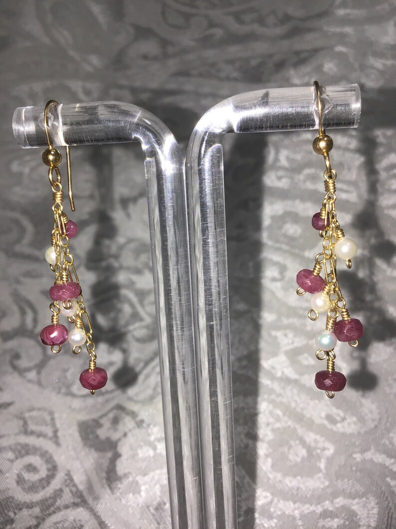 Ruby and Freshwater Pearl 14K Yellow Gold Filled Dangle Earrings