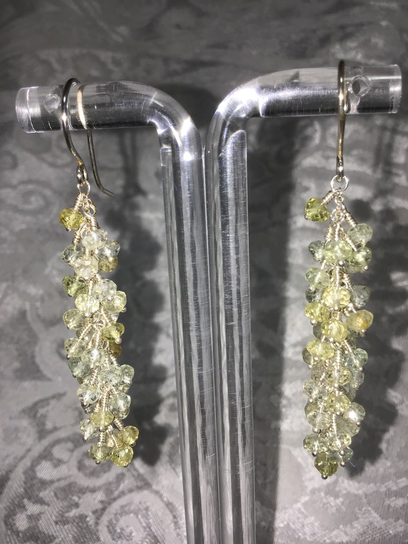 Genuine Aquamarine Faceted Rondelle Fine Silver Cluster Dangle Earrings