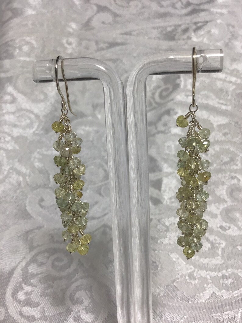 Genuine Aquamarine Faceted Rondelle Fine Silver Cluster Dangle Earrings