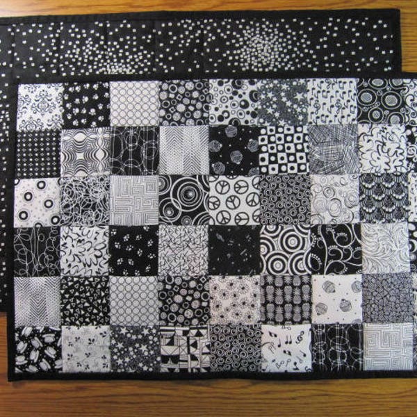 Placemat Handmade Quilted Cotton Black and White 18 1/2 x 12 1/2 inch