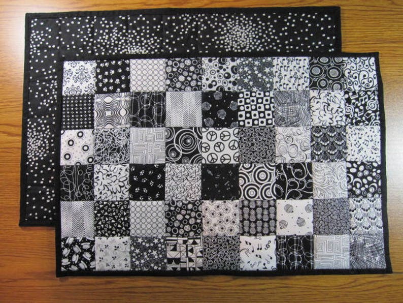Placemat Handmade Quilted Cotton Black and White 18 1/2 X 12 1/2 Inch