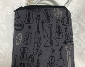 Práctica bolsa multiusos con cremallera para cargadores, cables, joyas, efectivo e instrumentos de cuerda en gris.