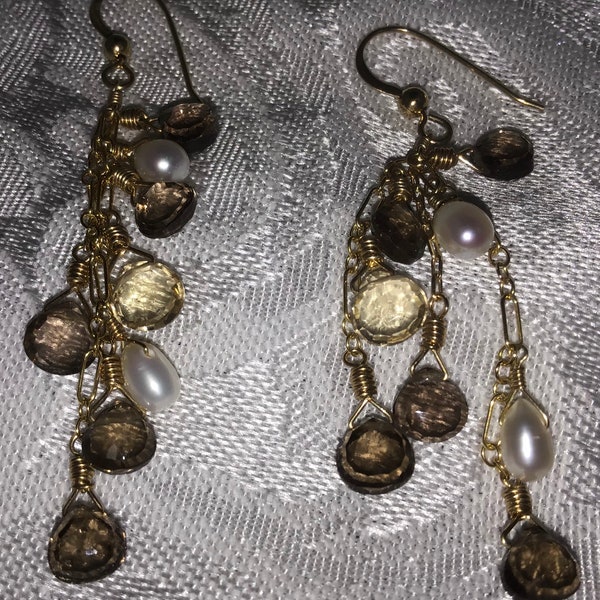 Smoky Topaz, Champagne Citrine and Freshwater Pearl 14k Yellow Gold Filled Dangle Earrings