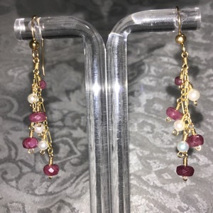 Ruby and Freshwater Pearl 14K Yellow Gold Filled Dangle Earrings