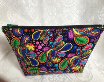 Bolsa con cremallera para cosméticos, cuidado personal, acolchada de algodón con estampado de cachemira brillante