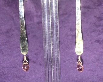 Hammered Sterling Silver Pink Tourmaline Dangle Earrings