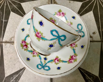 Crown Staffordshire Ribbons and Roses Blue Bow Tea Set Trio Tea Cup, Saucer, Side Plate F4547 Antique Vintage English Fine Bone China Set 1