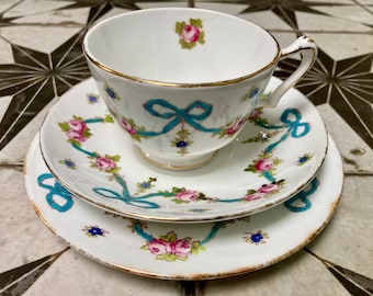 Crown Staffordshire Ribbons and Roses Blue Bow Tea Set Trio Tea Cup, Saucer, Side Plate F4547 Antique Vintage English Fine Bone China Set 2