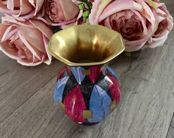 Vintage Italian Porcelain Vase Decorated by Daniel Lambri c.1988 with pure gold panels and rim purple pink