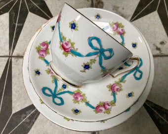 Crown Staffordshire Ribbons and Roses Blue Bow Tea Set Trio Tea Cup, Saucer, Side Plate F4547 Antique Vintage English Fine Bone China Set 3