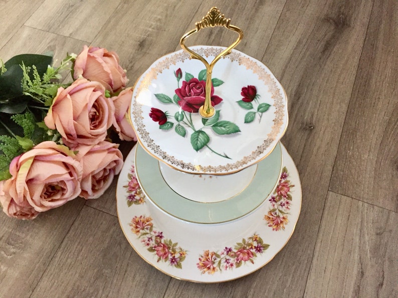 Red Rose Vintage Mismatch Cake Stand 3 Tier