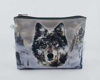 Bolsa de cosméticos de lobo, bolsa de maquillaje, bolsa gris de lobo, bolsa con cremallera de lobo con animales salvajes, bolsa de maquillaje de lobo, estuche para lápices