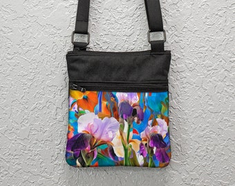 Irises Bag Crossbody Pretty flowers Bag Bag for Women Bag Canvas Floral Crossbody Bag Phone and Accessory Bag Art Bag