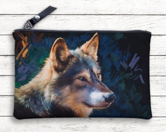 Neceser con diseño de lobo, neceser artesanal con retrato de lobo, estuche con estampado animal realista, pequeño organizador de maquillaje, para amantes de los lobos, neceser hecho a mano.