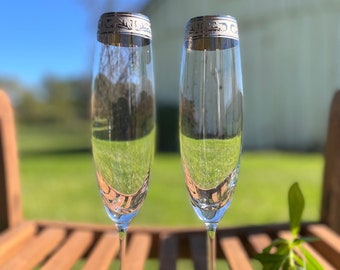 flûtes à champagne en cristal surdimensionnées vintage, verre d'art italien, bandes de platine avec rouleaux, parfaites pour un toast de mariage (ensemble de deux)