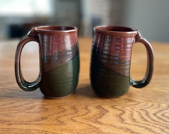 Tazas de café de cerámica, tono tierra, marrón y verde, 10 oz (juego de dos)