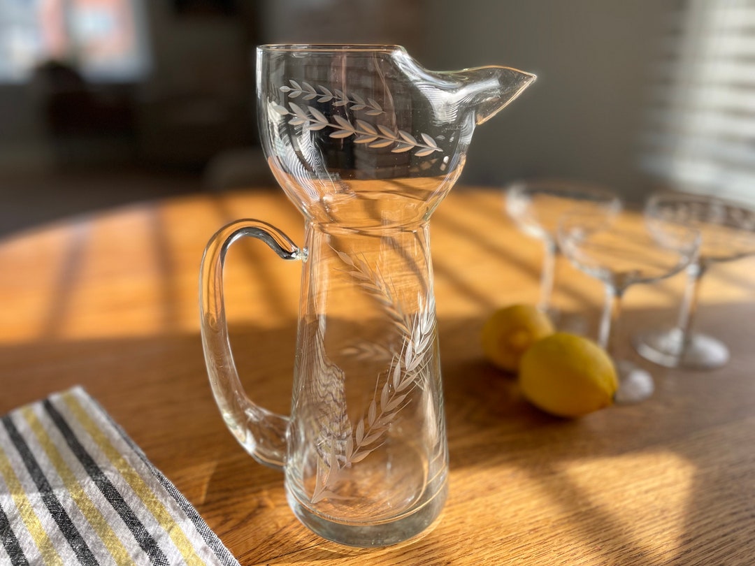 Vintage Blown Etched Glass Water Pitcher Wheat Pattern Etsy
