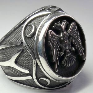 925 Sterling Silver Men&#39;s Ring with Absolutely Handmade Real Double-Headed Eagle