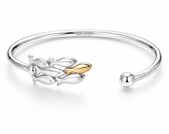 School of Fish Bracelet | Sterling Silver Cuff with 14K Gold Accent | Nautical Jewelry