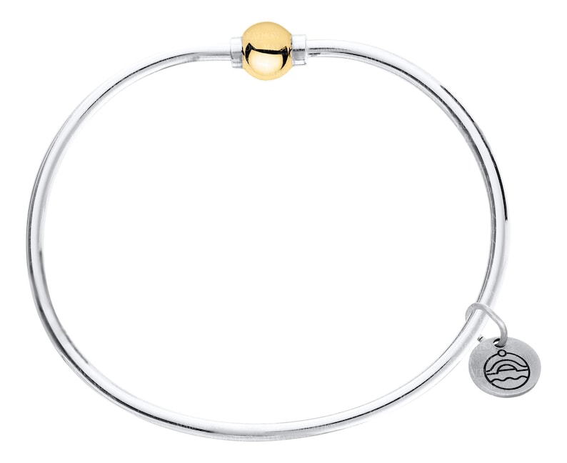 Pu&ograve; includere: Un braccialetto rigido in argento con un ciondolo a sfera dorata e un piccolo ciondolo in argento con un motivo a onda.