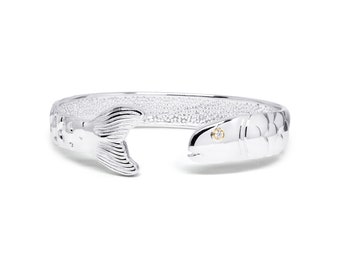 Cape Cod Fish Bracelet - Diamond Eye - Solid 925 Silver & Genuine Diamond set in 14k Yellow Gold