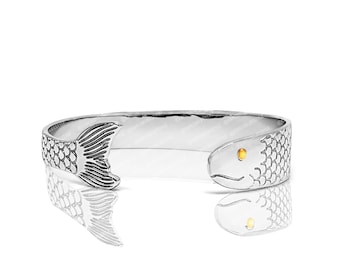 Cape Cod Fish Bracelet - Solid 925 Silver & Real 14k Gold Eye. Men’s Size