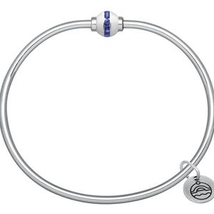 May include: A silver bangle bracelet with a white and blue bead and a charm with a wave design.
