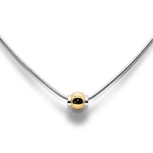 May include: A silver-toned snake chain necklace featuring a single, central, polished gold-toned bead charm. The bead is cylindrical with rounded ends, threaded directly onto the smooth, flexible metal chain, creating a simple, clean design.