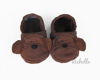 Monkey Baby Shoes, Slippers, Brown Faux Suede Baby Booties Moccasins, Animal Outfit Clothes, Soft Sole Crib Shoes, Toddler Halloween Costume