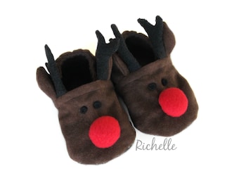 Reindeer Baby Shoes, Christmas Toddler Slippers, Infant Crib Booties, Deer Outfit, Winter Newborn Photo Prop, Holiday Stocking Stuffer Gift