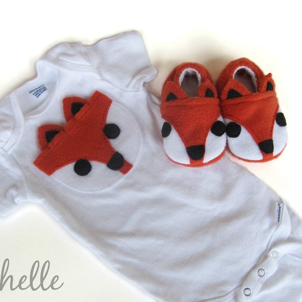 Fox Baby Shoes & Shirt Gift Set, Woodland Animal Theme Outfit, Fleece Booties Slippers, Newborn Coming Home Clothes, Infant Toddler Bodysuit