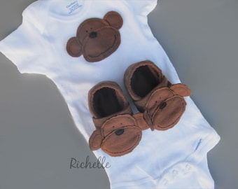 Monkey Baby Shoes & Shirt Gift Set, Jungle Theme Outfit, Corduroy Booties Slippers, Newborn Coming Home Clothes, Infant Toddler Bodysuit