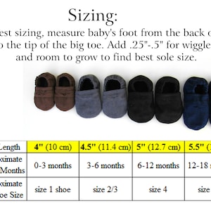 May include: A chart showing baby shoe sizing in inches and centimetres. The chart shows the approximate age in months and the corresponding US shoe size for each sole length.