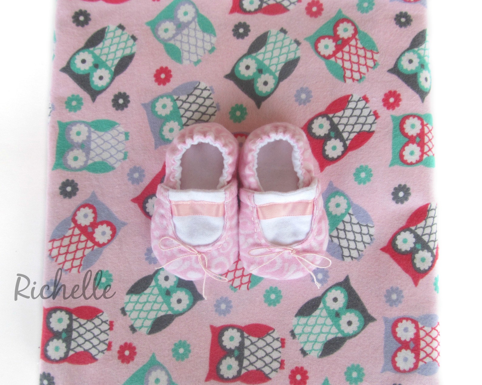 ballet baby shoes owl blanket gift set, pink slippers girl light weight swaddle girl newborn infant toddler soft sole crib booti