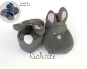 Baby Bunny Shoes, Rabbit Slippers, Gray Pink Baby Booties Moccasins, Animal Outfit Clothes Soft Sole Crib Shoes, Infant First Easter Outfit