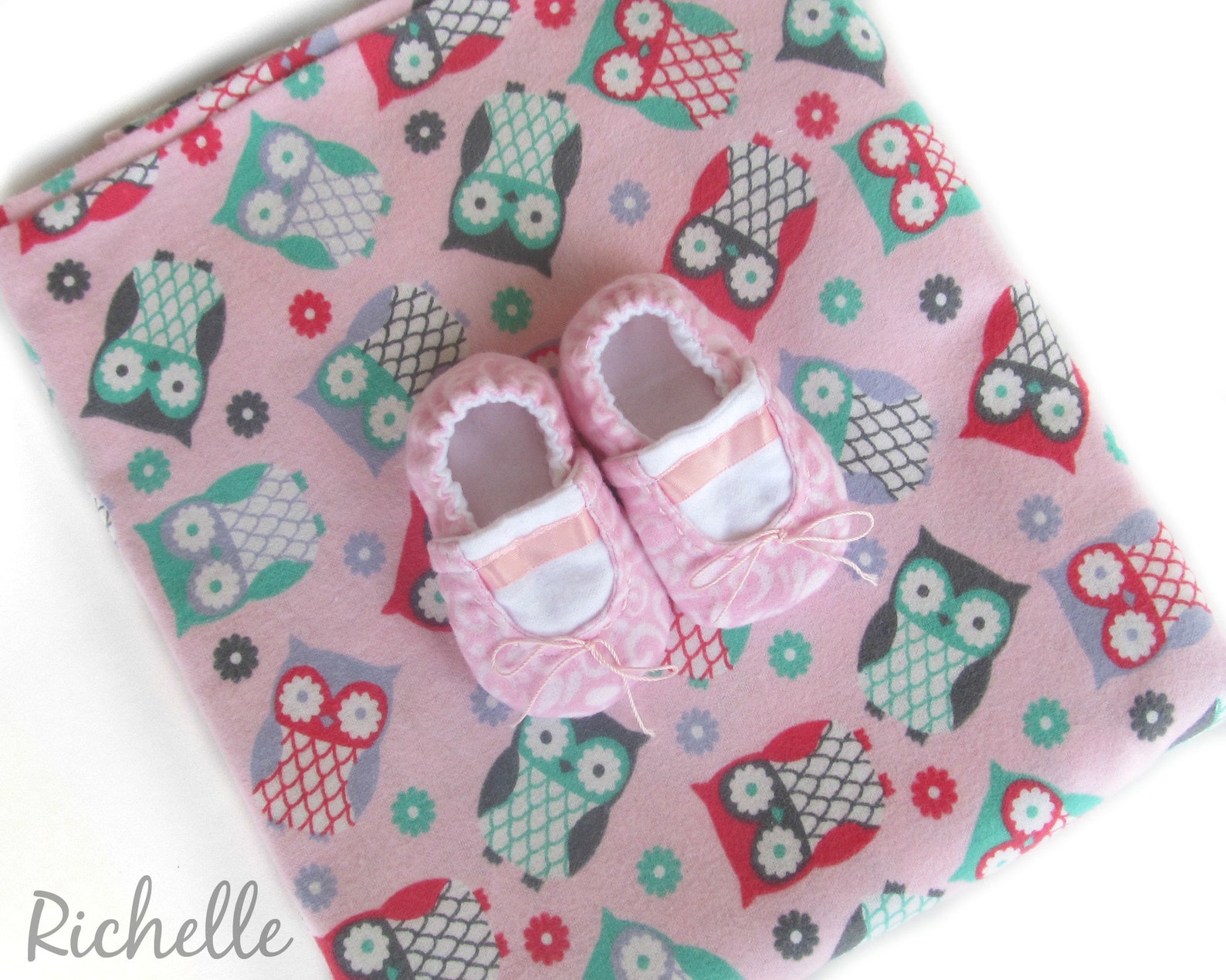 ballet baby shoes owl blanket gift set, pink slippers girl light weight swaddle girl newborn infant toddler soft sole crib booti