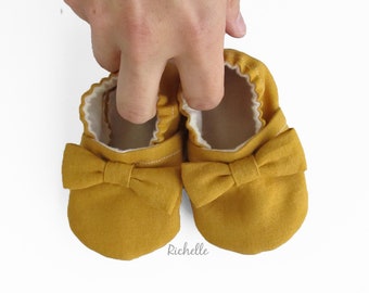 Baby Girl Bow Linen Shoes, Dressy Soft Sole Crib Booties, Church Wedding Special Occasion Newborn Infant Toddler Easter Sunday Outfit
