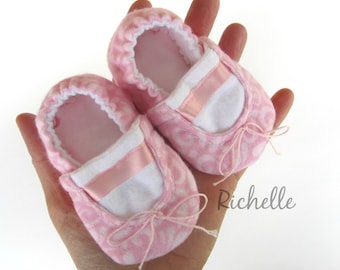 Pink Baby Ballet Slippers, Infant Toddler Ballerina Shoes, Soft Sole Crib Booties, Handmade Baby Ballet Flat, Dance Theme Shower Gift Idea