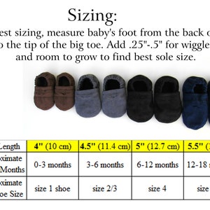 May include: A selection of baby shoes in various colors, including brown, gray, black, and navy blue. The image includes a sizing guide with sole lengths from 4" (10 cm) to 5.5" (14 cm), corresponding to approximate ages and US shoe sizes.