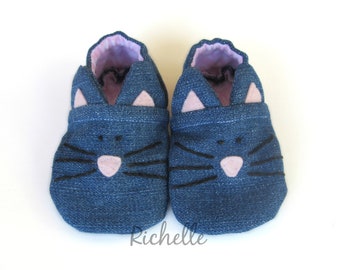 Baby Cat Shoes, Kitten Slippers, Denim with Pink Kitty Moccasins, Animal Outfit Clothes, Soft Sole Crib Booties, Infant Toddler Halloween