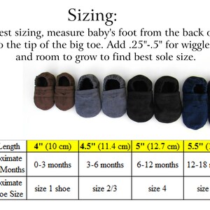 May include: A selection of baby shoes in various colors, including brown, gray, black, and navy blue. The image includes a sizing guide with sole lengths from 4" (10 cm) to 5.5" (14 cm), corresponding to approximate ages and US shoe sizes. The text advises measuring the baby's foot for the best fit.