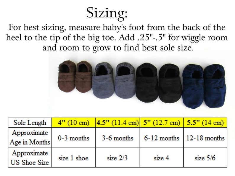 May include: A chart showing baby shoe sizing in inches and centimeters. The chart shows the approximate age in months and the corresponding US shoe size for each sole length.