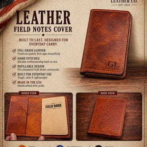May include: A brown leather field notes cover with visible stitching and the text "GL LEATHER CO." The cover is shown closed and open, revealing a notebook. The image also includes the text "FIELD NOTES COVER" and "HANDCRAFTED IN THE USA."