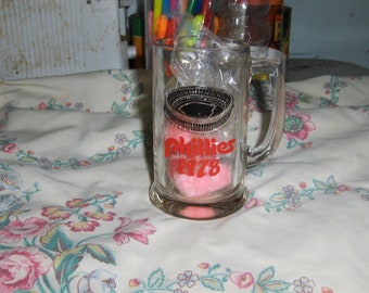 Philadelphia Phillies Grand Slam clear glass beer mug with a small Valentine's Day bear from 1978