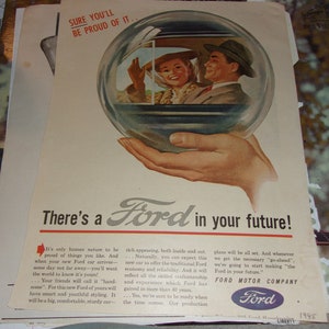 double-sided color vintage advertisement for the Ford Motor Company and Kreml Shampoo - 1945?