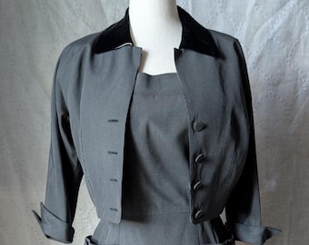 1950s Vintage Gloria Swanson Pinstripe and Velvet Tailored Suit Dress, Rhinestone buckles on Pockets