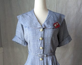 40s 50s Vintage Blue Wide Collar Dress with Belt and Pockets S/M