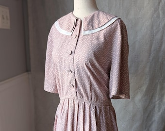 Vintage 80s Donna Ricco Dress, 80s-does-30s, Pale Pink with Dots, Wide Collar