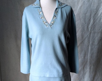 1950s Vintage Luisa Spagnoli Powder Blue Sweater Set, Embroidered Collar