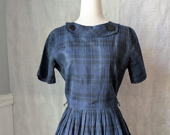 1950s Vintage Blue Plaid Dress, Flared Skirt, Button Panel Collar, designer Kay Whitney